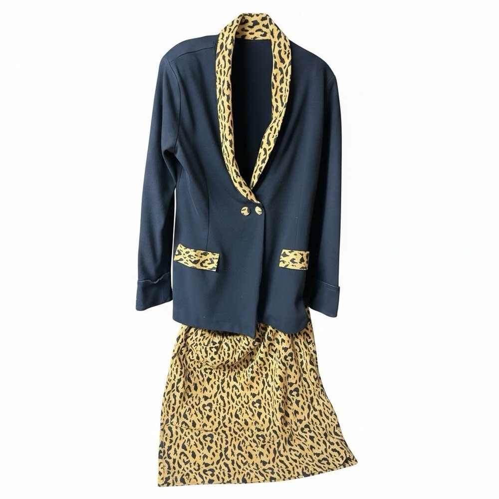 Newport News Best of Europe Leopard Print Skirt Set Navy Blue Size 14